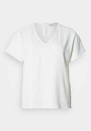 White v-neck blouse with short sleeves, textured fabric, relaxed fit, and a small back closure detail.