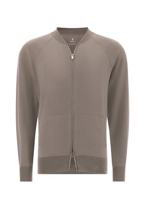 Hellgraue Zip-Up-Strickjacke mit rundem Ausschnitt, strukturiertem Stoff, Vordertaschen und gerippten Bündchen sowie Saum. Mit einem glatten Reißverschluss ausgestattet.