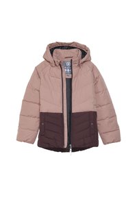 Giacca imbottita con cappuccio in rosa chiaro e bordeaux scuro, con chiusura a zip, bottoni a pressione e una texture trapuntata.