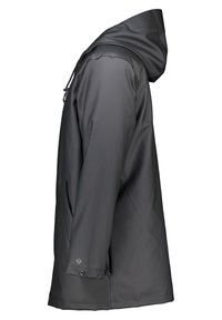 Giacca da pioggia impermeabile grigia con cappuccio aderente, tasche laterali e polsini con bottoni a pressione. Texture liscia con un design moderno e snello.