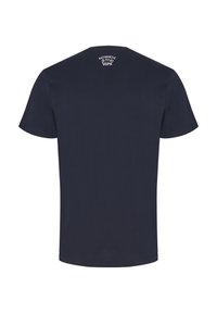 Kurzärmliges navyblaues T-Shirt aus Baumwolle. Mit Rundhalsausschnitt und einem kleinen weißen Logo-Aufdruck auf dem oberen Rücken. Glatte Textur.