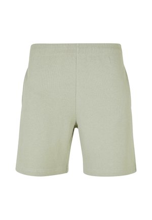 Shorts casual verde chiaro con cintura elastica e tasche laterali, esposti su uno sfondo bianco.