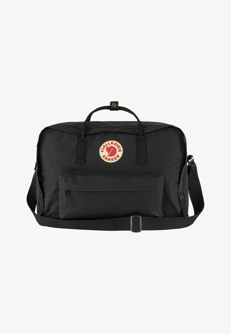 Black Kanken bag made of durable material, featuring a front zip pocket, two carrying handles, and an adjustable shoulder strap.