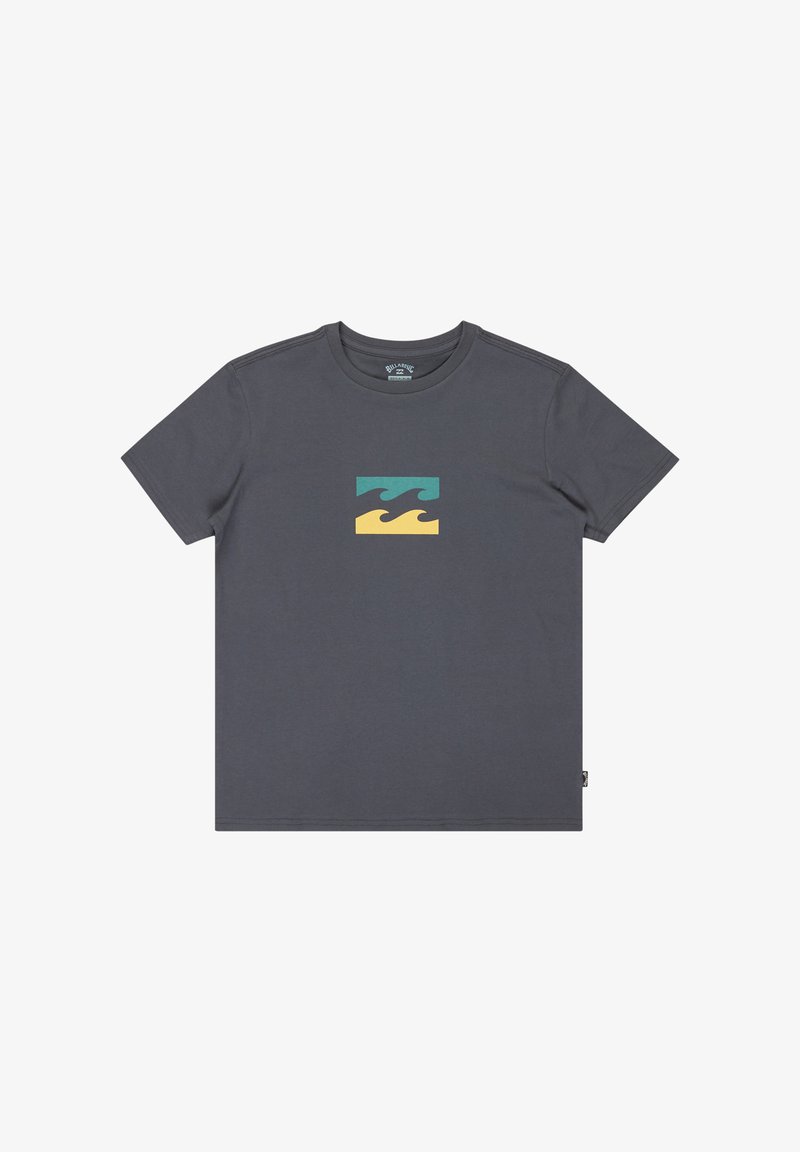 Donkergrijze katoenen T-shirt met een grafisch ontwerp van turkoois en gele golfpatronen op de voorkant. Klassieke ronde hals en korte mouwen.