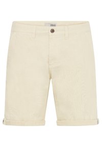 Beige šortky vyrobené z měkké tkaniny, s jediným knoflíkem, bočními kapsami a ohrnutými lemy pro ležérní design.