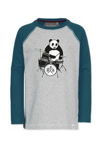 Langærmet skjorte med grå krop og teal raglanærmer, med et sort-hvidt panda grafik, der spiller trommer på fronten.