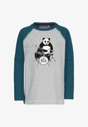 Langærmet skjorte med grå krop og teal raglanærmer, med et sort-hvidt panda grafik, der spiller trommer på fronten.