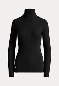 Svart ribbad polotröja med långa ärmar, figurnära design och en liten gulddetalj nederst på vänster sida.