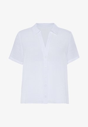 Biała koszula z krótkim rękawem, z kołnierzykiem, zapinana na guziki, wykonana z lekkiego, fakturowego materiału. Prosta, prostokątna sylwetka z minimalistycznym wzornictwem.