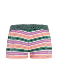 Stribede badeshorts med en grøn hæklet linning. Stoffet har pastelfarver: orange, lilla, grøn og hvide vandrette striber.