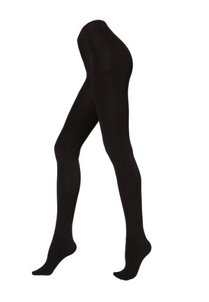 Collants noirs avec une texture lisse et opaque. Ils présentent une taille haute et un design ajusté qui couvre complètement les jambes.