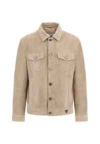 Giacca in suede beige con colletto, chiusura frontale con bottoni, due tasche sul petto con patta e dettagli delle cuciture sottili.