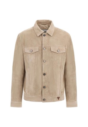 Béžová semišová bunda s golierom, predné zapínanie na gombíky, dve náprsné vrecká s klopou a diskrétnym švom.