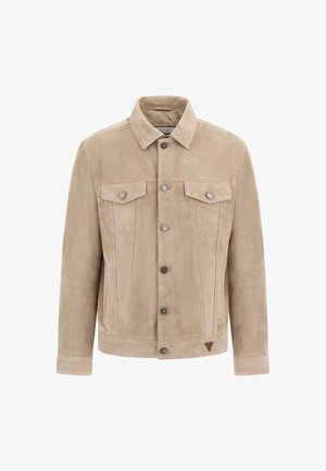 Bež nubukist jakk, millel on krae, eest nupuluku, kaks rinna taskut klapiga ja peened õmblusdetailid.