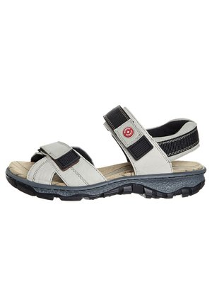 Graue Ledersandalen mit verstellbaren schwarzen Riemen, strukturiertem Fußbett und strapazierfähiger schwarzer Gummisohle mit Profil für guten Halt.