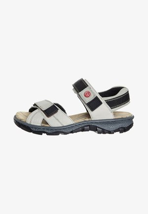 Gray leather sandals with adjustable black straps, textured footbed, and rugged black rubber sole featuring tread for grip.