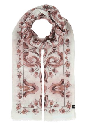 Hellbeiger Schal mit filigranen blassrosafarbenen Blumen- und Rankenmustern, aus weichem Stoff, mit kleinem schwarzem Markenzeichen an einer Ecke.