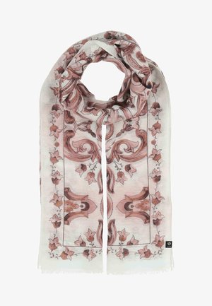 Light beige scarf with intricate dusty rose floral and scrollwork patterns, soft fabric, and small black brand tag on one corner.