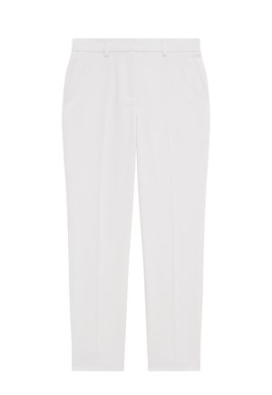 White tailored trousers with a straight fit, featuring two side pockets and smooth fabric texture. Minimalist design with no visible patterns.