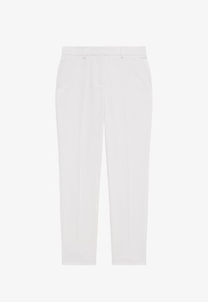 Pantaloni bianchi su misura con vestibilità dritta, dotati di due tasche laterali e texture del tessuto liscia. Design minimalista senza motivi visibili.