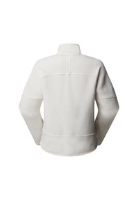 Vue arrière d'une veste en polaire blanche unie avec manches longues et col montant court sur fond blanc.