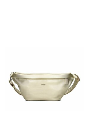 Sac banane en cuir couleur or avec sangle ajustable et poche avant zippée, estampillé d'un petit logo métallique au centre avant.