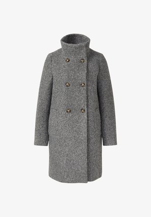 Cappotto double-breasted in lana grigia con texture, colletto alto e sei bottoni marroni, dotato di maniche lunghe e tasche laterali.