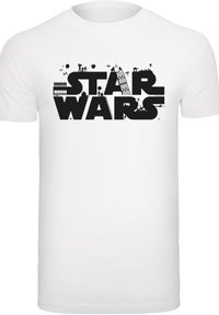 Hvit bomull t-skjorte med "Star Wars"-logoen i fet svart typografi, ledsaget av ulike svart silhuettillustrasjoner.