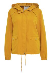 Żółta lekka kurtka z kapturem, ściągaczem w talii, zapięciem na zatrzaski oraz dwoma przednimi kieszeniami. Gładka faktura, casualowy design.