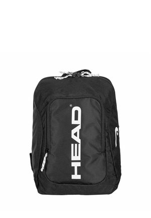 Zwarte rugzak met wit "HEAD"-logo op het voorvak en witte trekkoorden bovenaan, tegen een witte achtergrond.