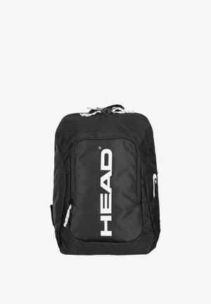 Sac à dos noir avec logo "HEAD" blanc sur la poche avant et cordons blancs à serrage en haut, sur fond blanc.