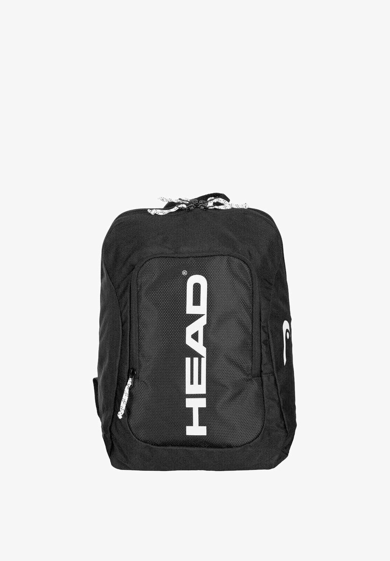 Sac à dos noir avec logo "HEAD" blanc sur la poche avant et cordons blancs à serrage en haut, sur fond blanc.