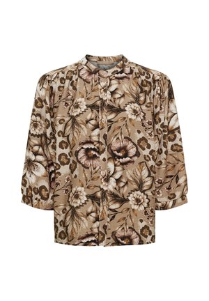 Beige bluse med knapper med brun og cremefarvet blomster- og leopardprint og trekvartlange ærmer.