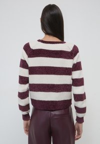 Strickpullover mit kastanienbraunen und weißen horizontalen Streifen, geripptem Muster, rundem Halsausschnitt und enganliegenden Bündchen.