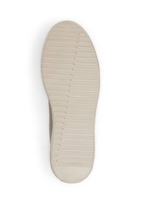 Beige Gummisohlen mit strukturierten Rillen und Erhebungen, glatten Kanten und geprägtem Text "Hergestellt in Portugal" in der Nähe der Ferse.