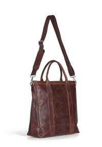 Braune Ledertasche mit doppelten Oberhandgriffen und einem abnehmbaren Schultergurt. Mit Nähtelementen und einer glatten, strukturierten Oberfläche.