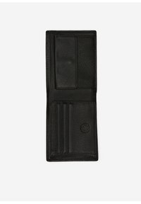 Schwarzes Lederwallet mit strukturierter Oberfläche, das mehrere Kartenfächer und ein Fach verfügt. Einfaches, klappbares Design mit einem Logodetail.