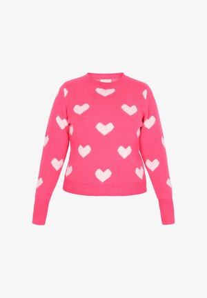 Roze gebreide sweater met witte hartpatronen, ronde halslijn, lange mouwen en ribgebreide manchetten en onderrand. Zachte textuur en casual ontwerp.