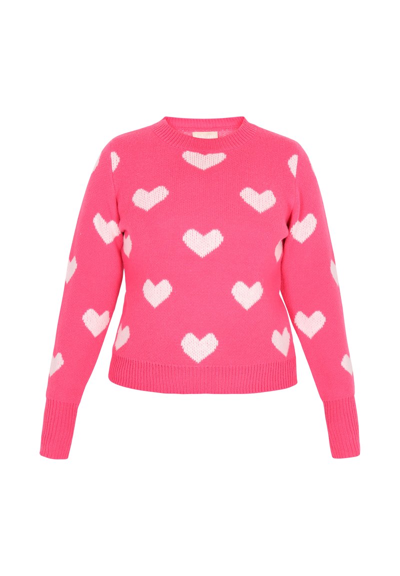 Maglione rosa a maglia con motivi a cuore bianchi, scollatura rotonda, maniche lunghe e polsini e orlo a costine. Tessuto morbido e design casual.