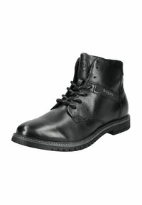 Bottes de cheville en cuir noir avec bout rond, lacets et semelle robuste. Présente une couture minimale et un logo sur le côté.