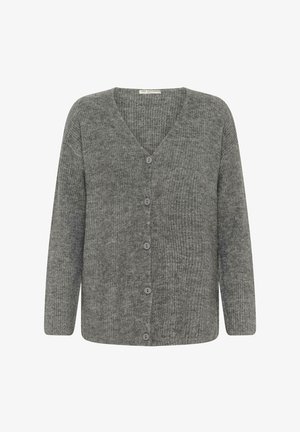 Gray knitted cardigan with a V-neck, front buttons, long sleeves, and a textured finish, made of a soft material.