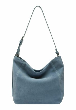 Bolso de hombro de ante azul suave con correa ajustable e impresión sutil de la marca en el centro inferior.