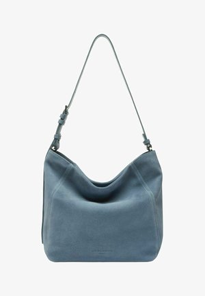 Weiche blaue Wildleder-Umhängetasche mit verstellbarem Riemen und dezentem Markenprägung unten in der Mitte.