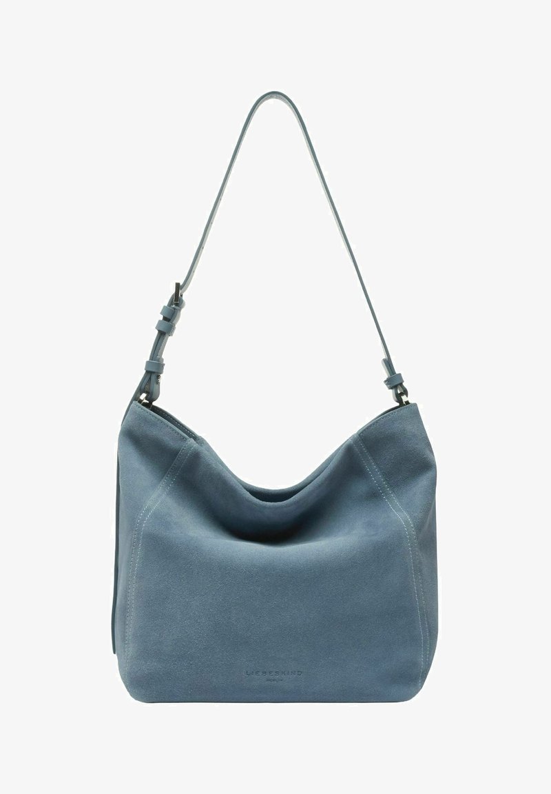 Soft blue suede shoulder bag with adjustable strap and subtle brand imprint at the bottom center.