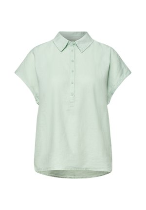 Blouse vert clair à manches courtes avec col pointu et patte de boutonnage à cinq boutons, coupe ample, ourlet légèrement asymétrique, tissu uni.