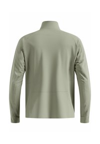 Hellgrüne langärmelige Jacke mit hohem Kragen, glatter Textur und minimalistischem Design mit kontrastierenden Steppnähten.