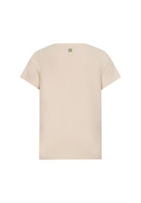 T-shirt beige a maniche corte con scollatura rotonda, realizzato in tessuto morbido. Presenta un piccolo etichetta del marchio sul retro.
