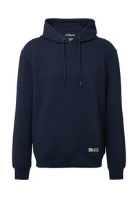 Granatowa bluza z kapturem o fakturowanym wzorze, regulowanymi sznurkami i przednią kieszenią. Posiada ściągacze na mankietach i dole. Etykieta marki na dole.