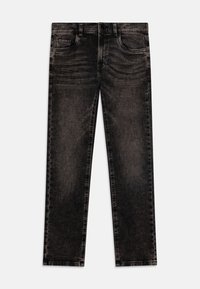 Black denim jeans with a faded finish, featuring a straight leg design, five pockets, and metallic button and zipper closure.
