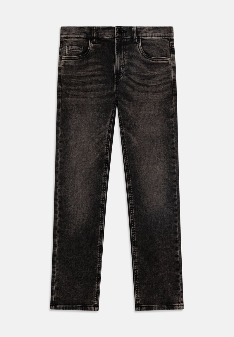 Black denim jeans with a faded finish, featuring a straight leg design, five pockets, and metallic button and zipper closure.